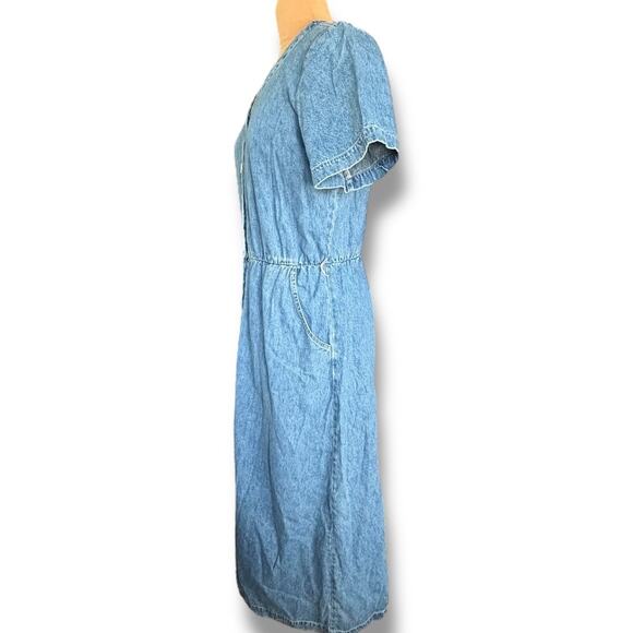 Vintage 90s Faded Glory Denim Button Front Midi Dress Short Sleeve Vneck Pockets - Picture 5 of 12